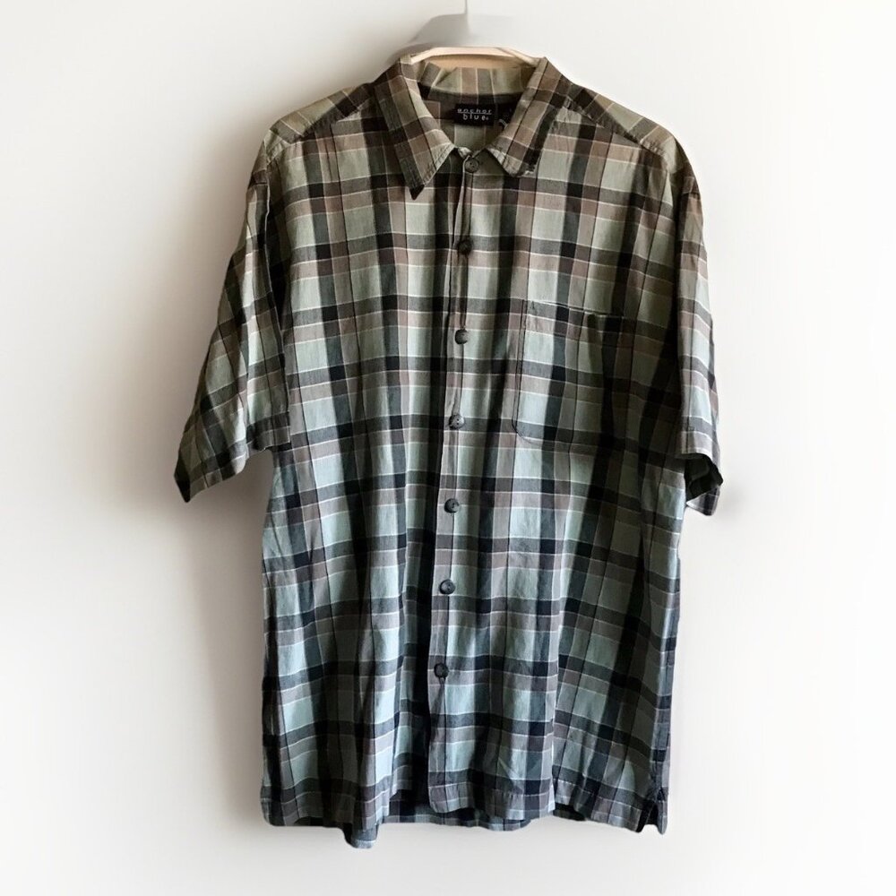 Vintage Anchor Blue Plaid‎ Button Up Short Sleeve Large Y2K Skater Baggy 90s